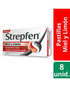 Strepfen - 8,75mg Flurbiprofeno - 8 Pastillas de Disolución Bucal sabor Miel Limón